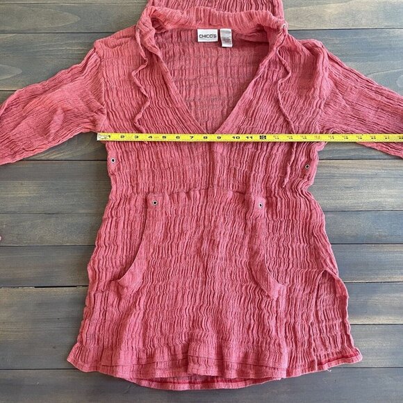 Chico’s Deep V-Neck Sheer Linen Scurunchy Hoodie Legenlook Women's Size 0 (H6) - Picture 11 of 13